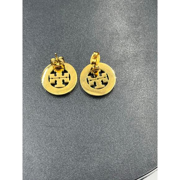 Tory Burch Miller Pavé Stud Gold Plated White Enamel Crystal Round Earrings - Picture 6 of 10